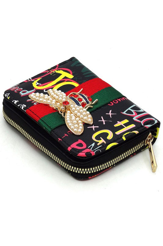 Multi Graffiti Print Queen Bee Stripe Wallet